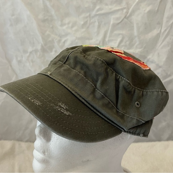 Women's Olive Green Adjustable Newsboy Cap with Colorful Peace Sign Patch - Picture 7 of 9